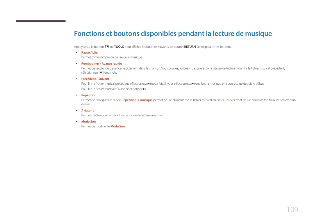 Samsung LH32DCEMLGP/EN, LH75EDEPLGC/EN manual 109, Permet dinterrompre ou de lire de la musique, Répétition, Aléatoire 