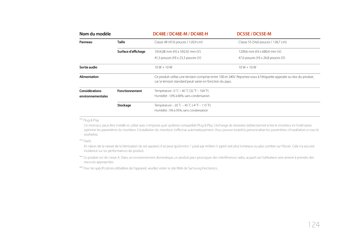 Samsung LH65EDEPLGC/EN, LH75EDEPLGC/EN manual 124, Alimentation, Considérations Fonctionnement, Environnementales, Stockage 