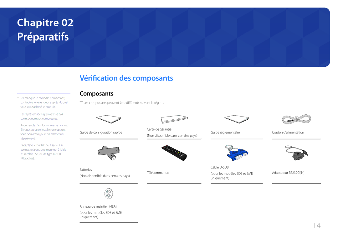 Samsung LH65EDEPLGC/EN, LH75EDEPLGC/EN, LH40DCEPLGC/EN, LH48DCEPLGC/EN Préparatifs, Vérification des composants, Composants 