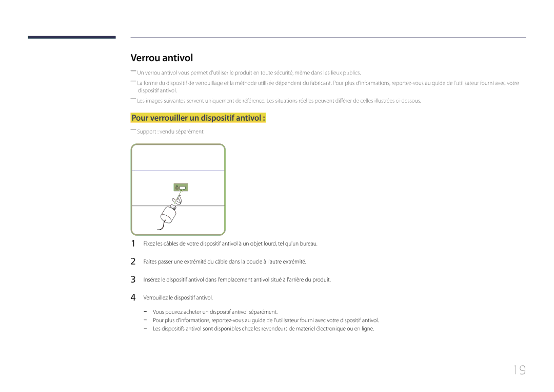 Samsung LH32DCEMLGP/EN, LH75EDEPLGC/EN, LH40DCEPLGC/EN manual Verrou antivol, Pour verrouiller un dispositif antivol 
