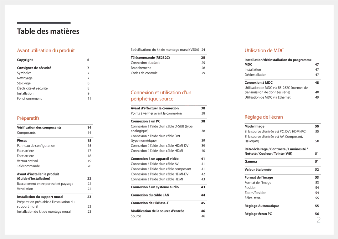 Samsung LH48DCEPLGC/EN, LH75EDEPLGC/EN, LH40DCEPLGC/EN, LH55DCEMLGC/EN, LH65EDEPLGC/EN, LH40DCEMLGC/EN manual Table des matières 