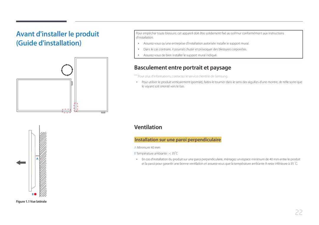 Samsung LH48DCEPLGC/EN Basculement entre portrait et paysage, Ventilation, Installation sur une paroi perpendiculaire 