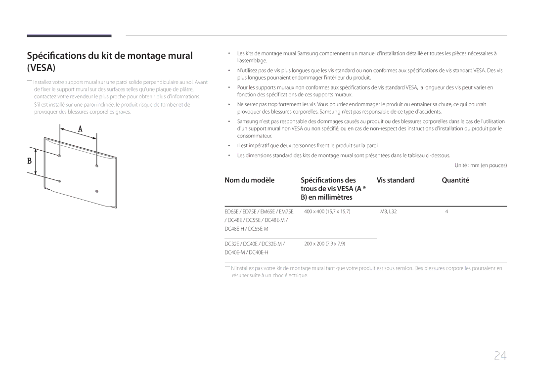 Samsung LH65EDEPLGC/EN Spécifications du kit de montage mural Vesa, Nom du modèle Spécifications des Vis standard Quantité 