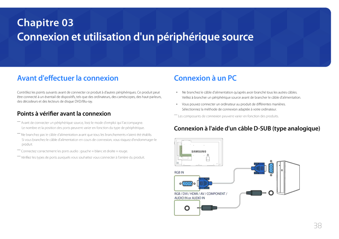 Samsung LH32DCEPLGC/EN Connexion et utilisation dun périphérique source, Avant deffectuer la connexion, Connexion à un PC 