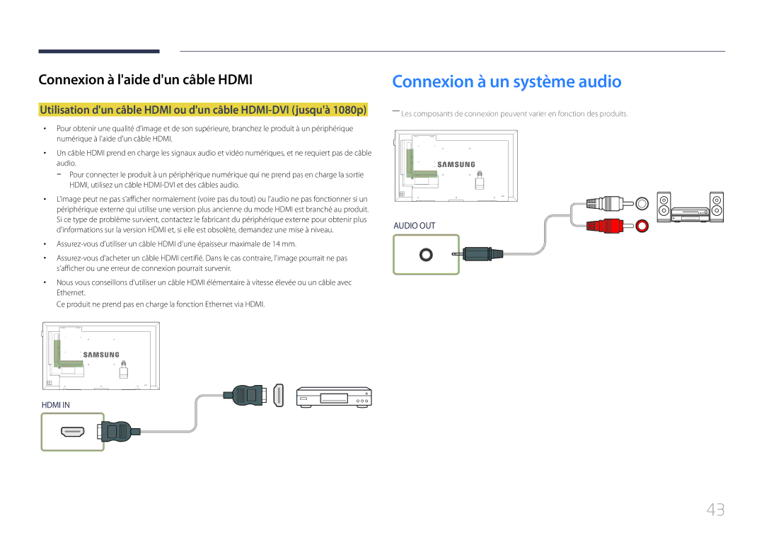 Samsung LH55DCEMLGC/EN, LH75EDEPLGC/EN, LH40DCEPLGC/EN manual Connexion à un système audio, Connexion à laide dun câble Hdmi 