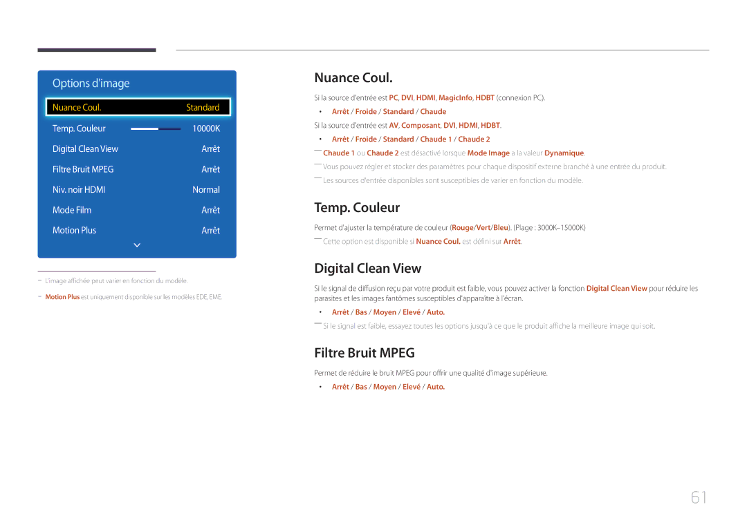 Samsung LH40DCEPLGC/EN, LH75EDEPLGC/EN, LH48DCEPLGC/EN Nuance Coul, Temp. Couleur, Digital Clean View, Filtre Bruit Mpeg 