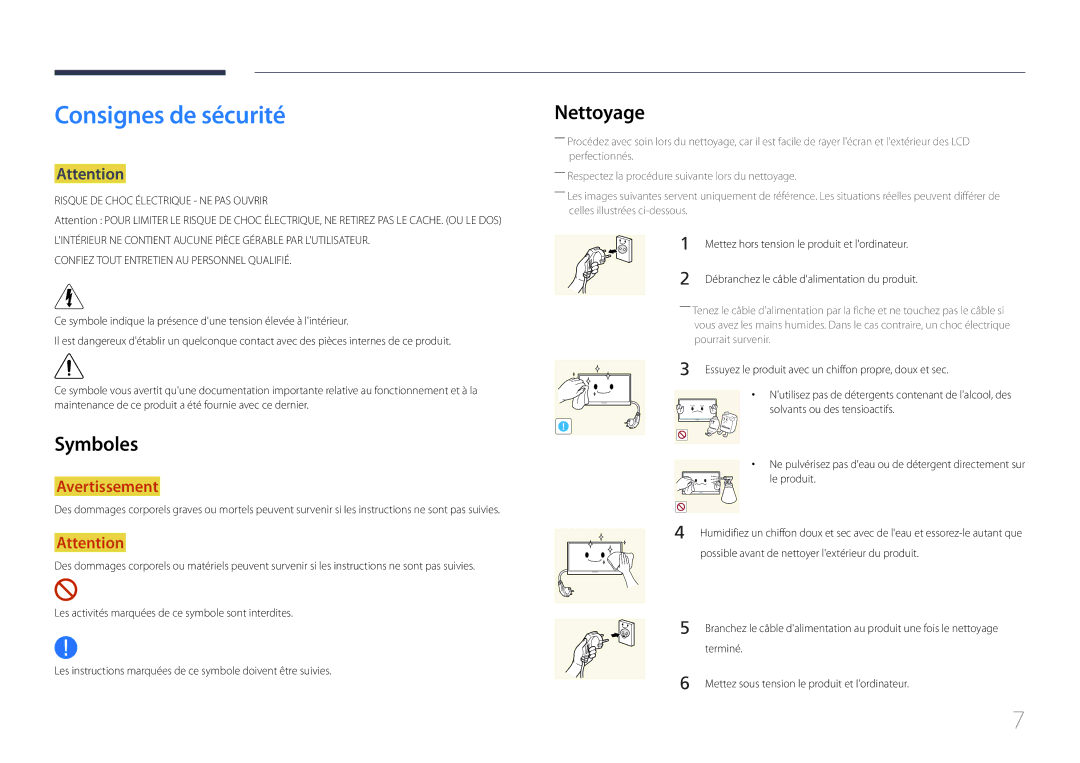 Samsung LH55DCEPLGC/EN, LH75EDEPLGC/EN, LH40DCEPLGC/EN, LH48DCEPLGC/EN manual Consignes de sécurité, Nettoyage, Symboles 