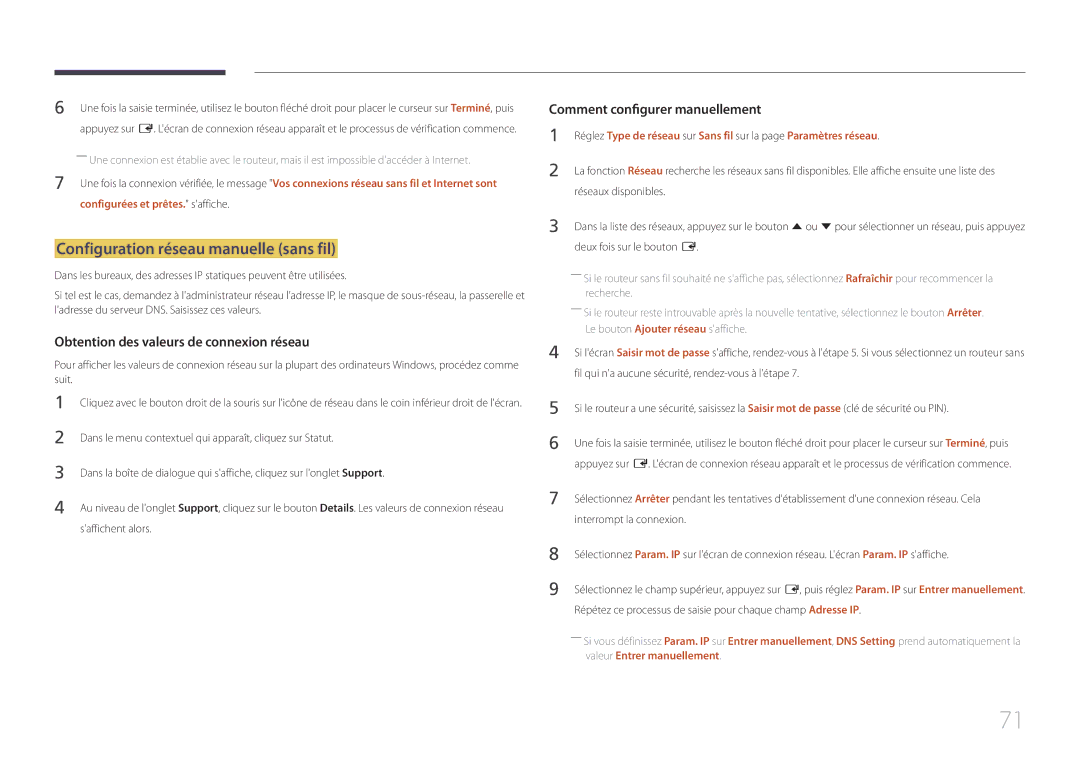 Samsung LH40DCEPLGC/EN, LH75EDEPLGC/EN, LH48DCEPLGC/EN manual Configuration réseau manuelle sans fil, Interrompt la connexion 