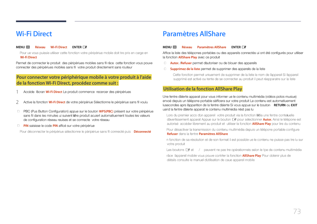 Samsung LH55DCEMLGC/EN, LH75EDEPLGC/EN manual Wi-Fi Direct, Paramètres AllShare, Utilisation de la fonction AllShare Play 