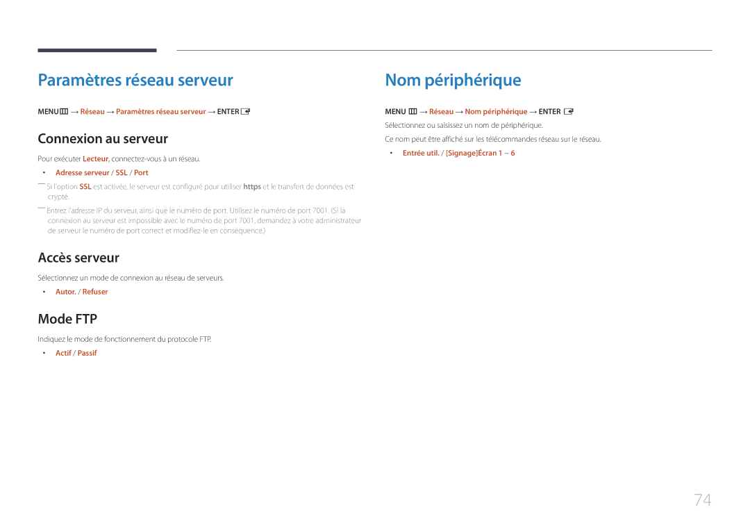 Samsung LH65EDEPLGC/EN manual Paramètres réseau serveur, Nom périphérique, Connexion au serveur, Accès serveur, Mode FTP 