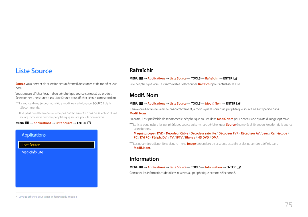 Samsung LH40DCEMLGC/EN, LH75EDEPLGC/EN, LH40DCEPLGC/EN manual Applications, Liste Source, Rafraîchir, Modif. Nom, Information 