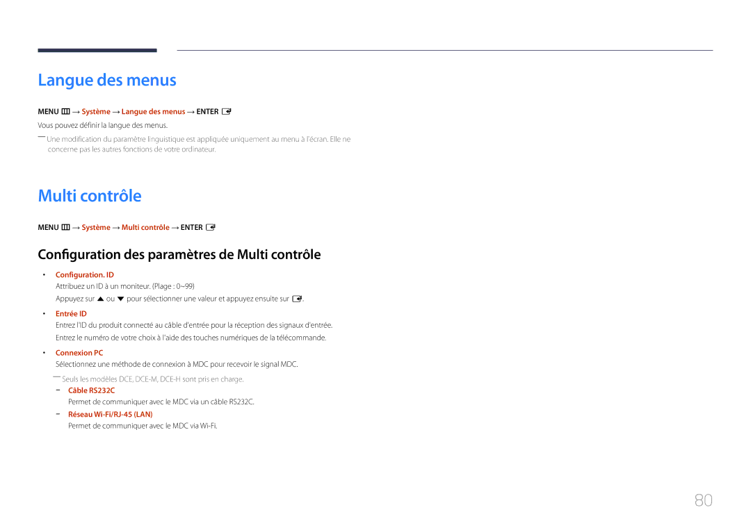 Samsung LH75EDEPLGC/EN, LH40DCEPLGC/EN, LH48DCEPLGC/EN Langue des menus, Configuration des paramètres de Multi contrôle 