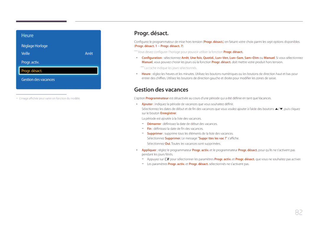 Samsung LH48DCEPLGC/EN, LH75EDEPLGC/EN manual Progr. désact, Gestion des vacances, Réglage Horloge Veille Arrêt Progr. activ 