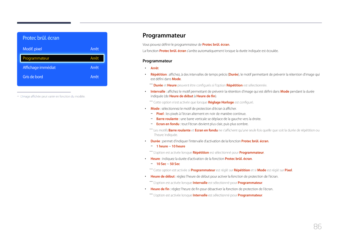Samsung LH32DCEMLGC/EN, LH75EDEPLGC/EN manual Programmateur, Modif. pixel Arrêt, Affichage immédiat Arrêt Gris de bord 
