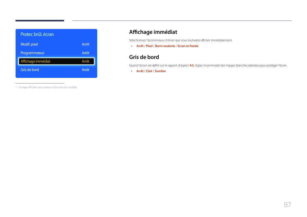 Samsung LH55DCEPLGC/EN, LH75EDEPLGC/EN manual Affichage immédiat, Modif. pixel Arrêt Programmateur, Gris de bord Arrêt 