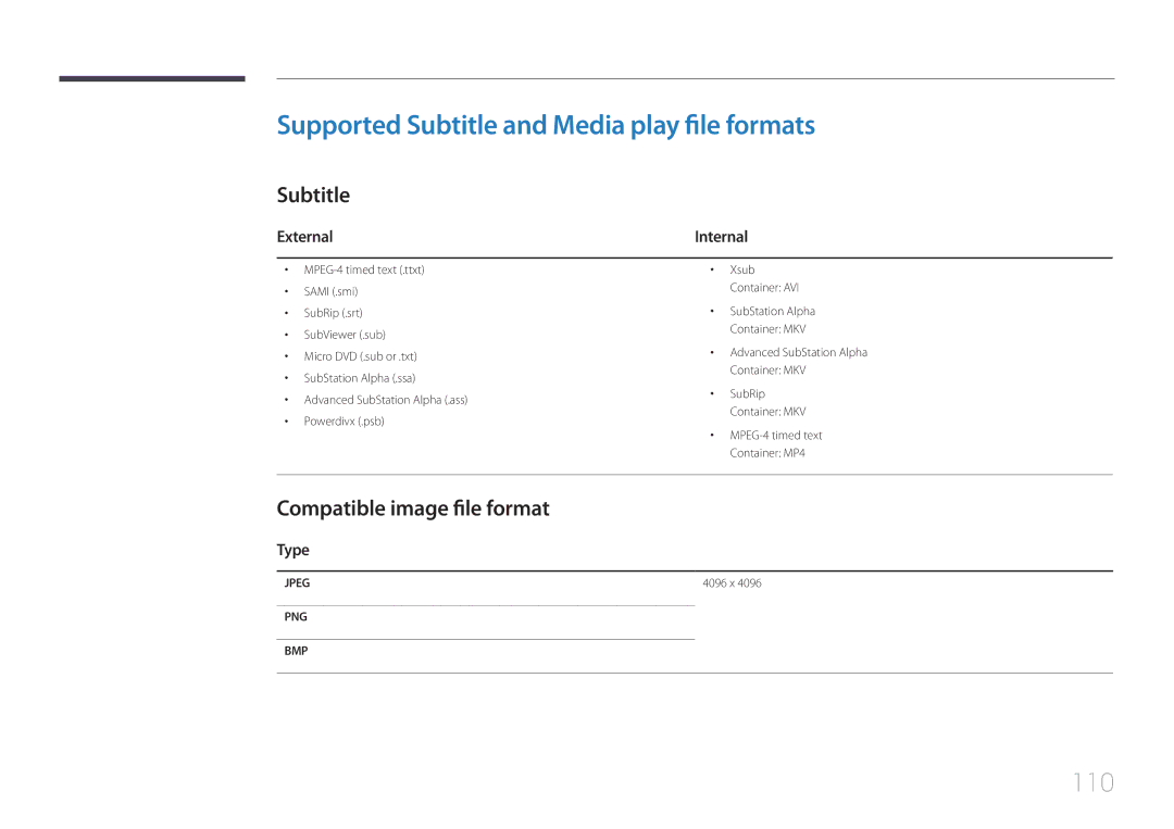 Samsung LH32DCEPLGC/EN, LH75EDEPLGC/EN Supported Subtitle and Media play file formats, 110, Compatible image file format 