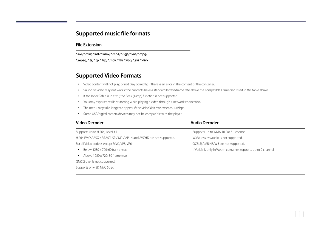 Samsung LH32DCEMLGP/EN manual 111, Supported music file formats, Supported Video Formats, File Extension, Video Decoder 