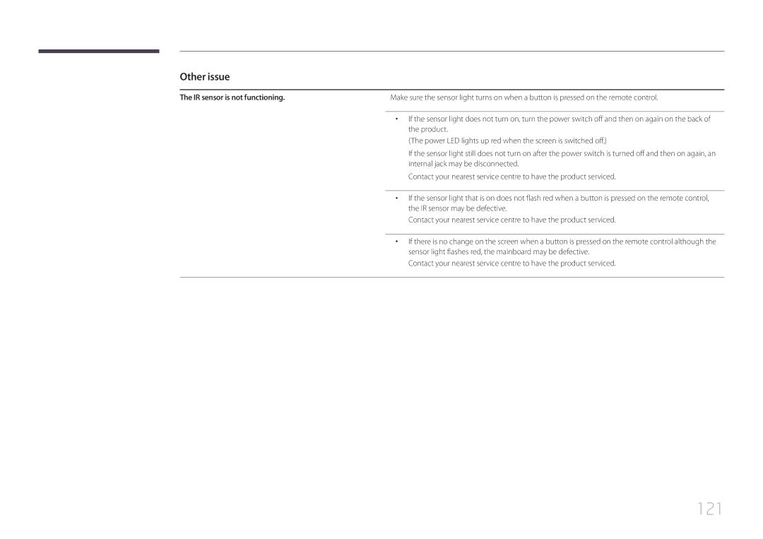 Samsung LH48DCEPLGC/EN, LH75EDEPLGC/EN, LH40DCEPLGC/EN, LH55DCEMLGC/EN, LH65EDEPLGC/EN manual 121, IR sensor is not functioning 