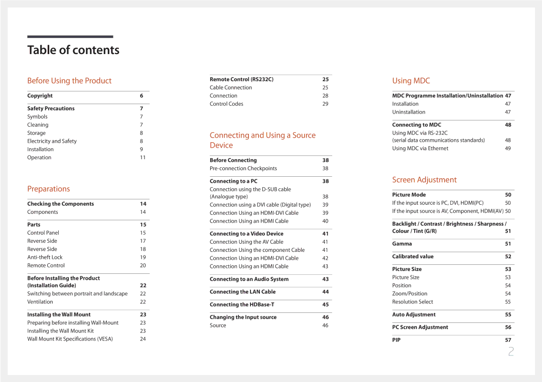 Samsung LH48DCEPLGC/EN, LH75EDEPLGC/EN, LH40DCEPLGC/EN, LH55DCEMLGC/EN, LH65EDEPLGC/EN, LH40DCEMLGC/EN manual Table of contents 