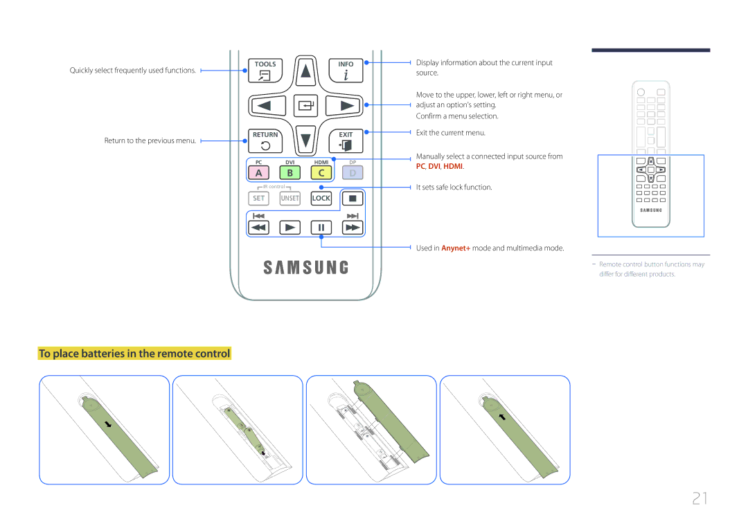 Samsung LH65EDEPLGC/EN, LH75EDEPLGC/EN To place batteries in the remote control, Quickly select frequently used functions 