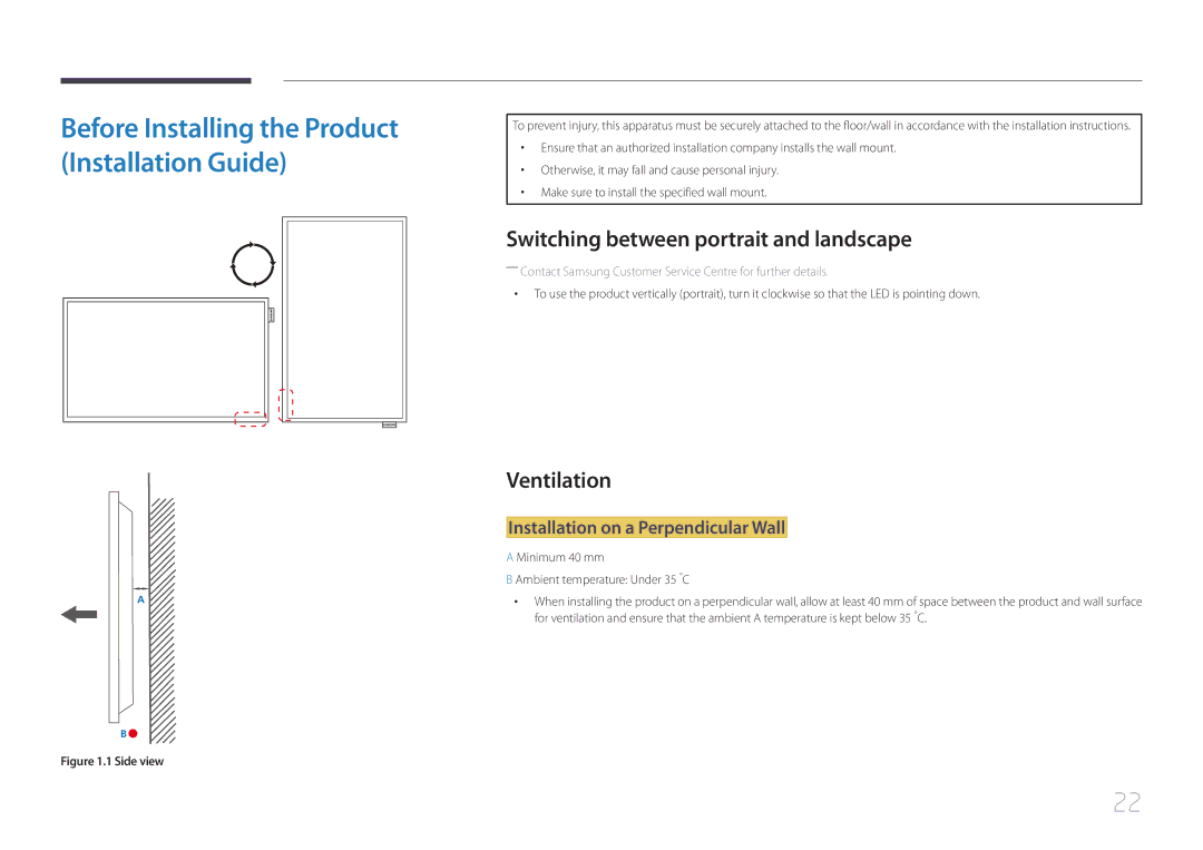 Samsung LH40DCEMLGC/EN manual Switching between portrait and landscape, Ventilation, Installation on a Perpendicular Wall 