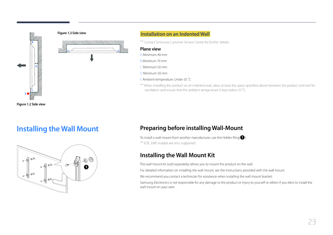 Samsung LH32DCEMLGC/EN manual Preparing before installing Wall-Mount, Installing the Wall Mount Kit, Plane view 