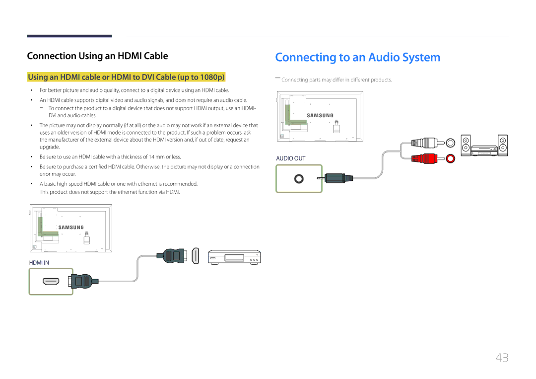 Samsung LH32DCEMLGP/EN, LH75EDEPLGC/EN Connecting to an Audio System, Using an Hdmi cable or Hdmi to DVI Cable up to 1080p 