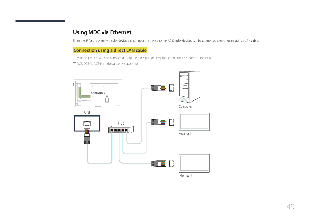 Samsung LH40DCEPLGC/CH, LH75EDEPLGC/EN, LH40DCEPLGC/EN manual Using MDC via Ethernet, Connection using a direct LAN cable 