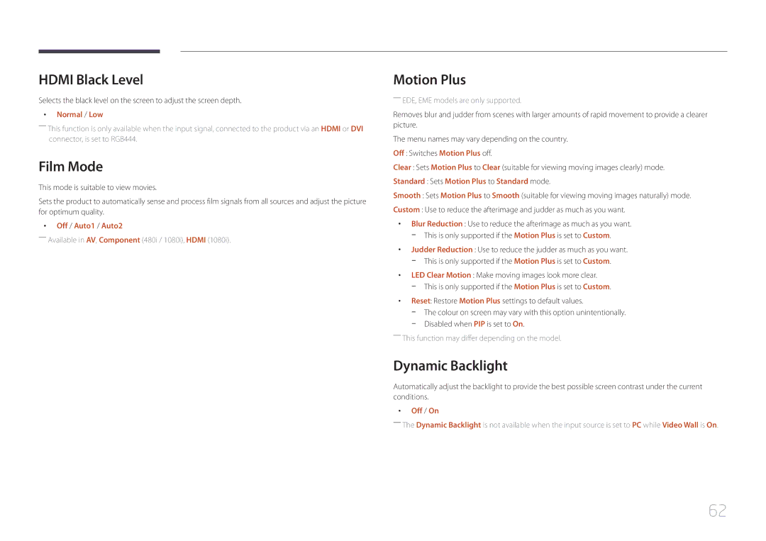 Samsung LH75EDEPLGC/NG, LH75EDEPLGC/EN, LH40DCEPLGC/EN manual Hdmi Black Level, Film Mode, Motion Plus, Dynamic Backlight 