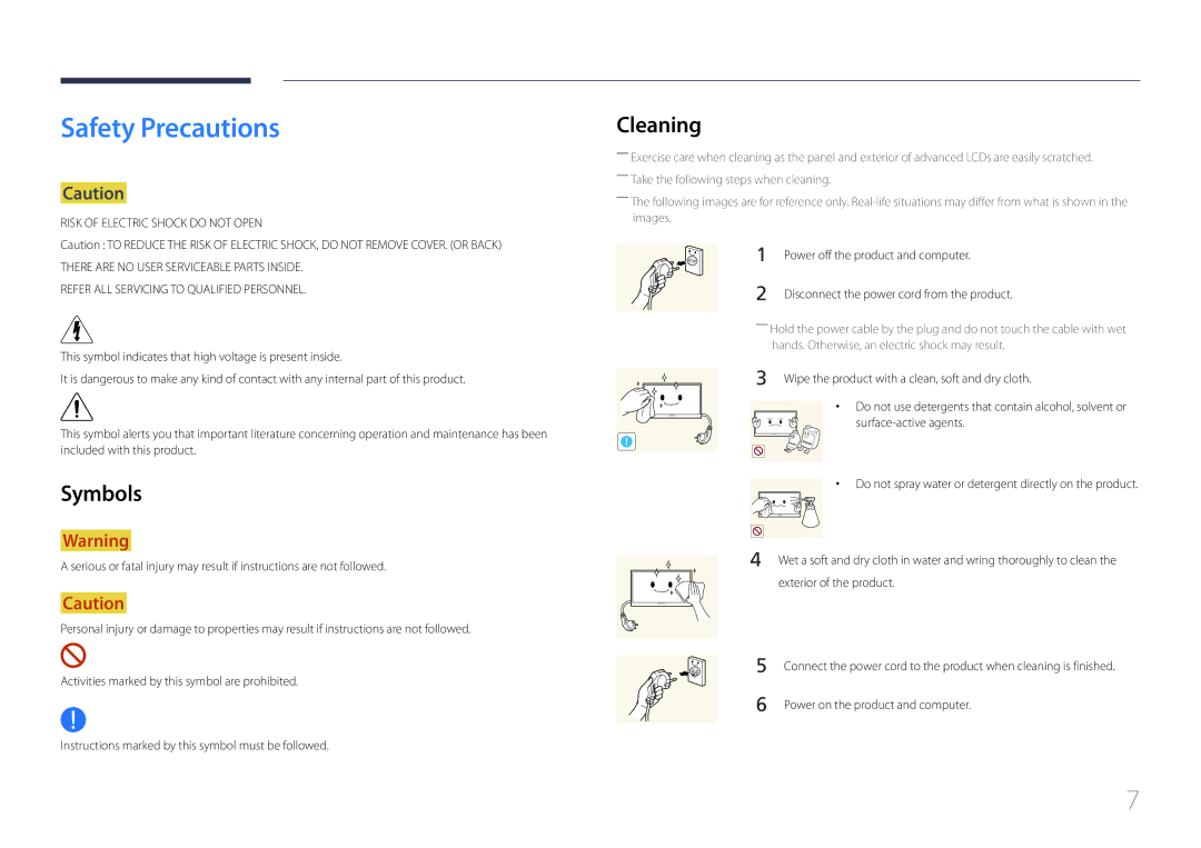 Samsung LH55DCEPLGC/EN, LH75EDEPLGC/EN manual Safety Precautions, Cleaning, Symbols, Power off the product and computer 