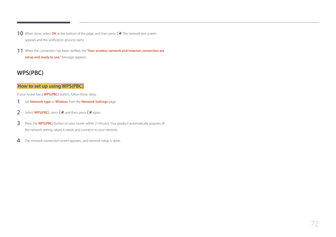 Samsung LH65EDEPLGC/EN, LH75EDEPLGC/EN How to set up using Wpspbc, If your router has a Wpspbc button, follow these steps 