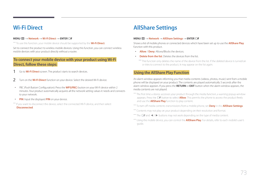 Samsung LH40DCEMLGC/EN, LH75EDEPLGC/EN, LH40DCEPLGC/EN Wi-Fi Direct, AllShare Settings, Using the AllShare Play Function 