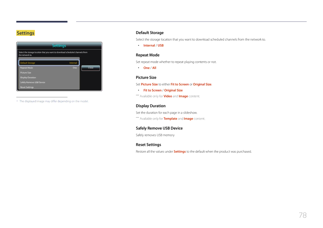 Samsung LH65EDEPLGC/NG, LH75EDEPLGC/EN, LH40DCEPLGC/EN, LH48DCEPLGC/EN, LH55DCEMLGC/EN Settings, Internal / USB, One / All 