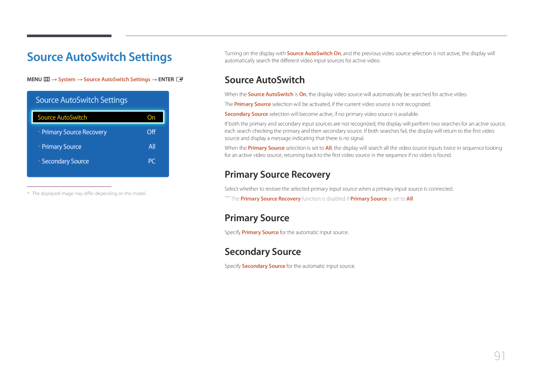 Samsung LH32DCEMLGC/EN, LH75EDEPLGC/EN manual Source AutoSwitch Settings, Primary Source Recovery, Secondary Source 