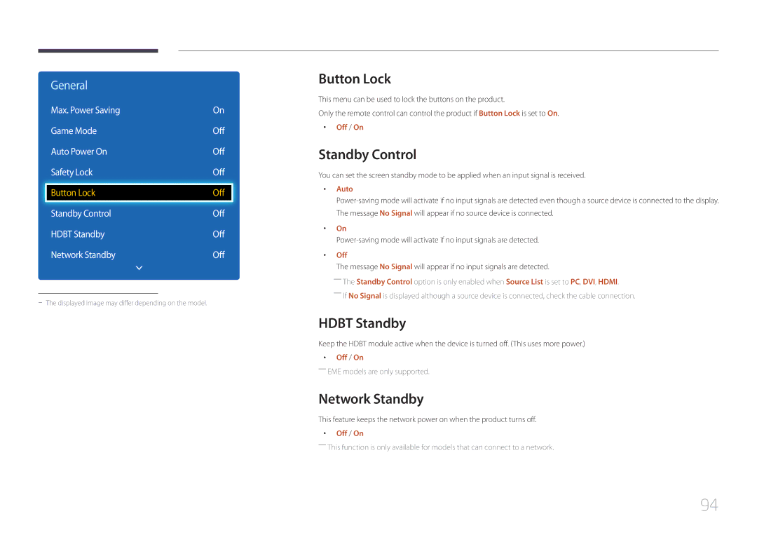 Samsung LH32DCEMLGP/EN, LH75EDEPLGC/EN, LH40DCEPLGC/EN manual Button Lock, Standby Control, Hdbt Standby, Network Standby 