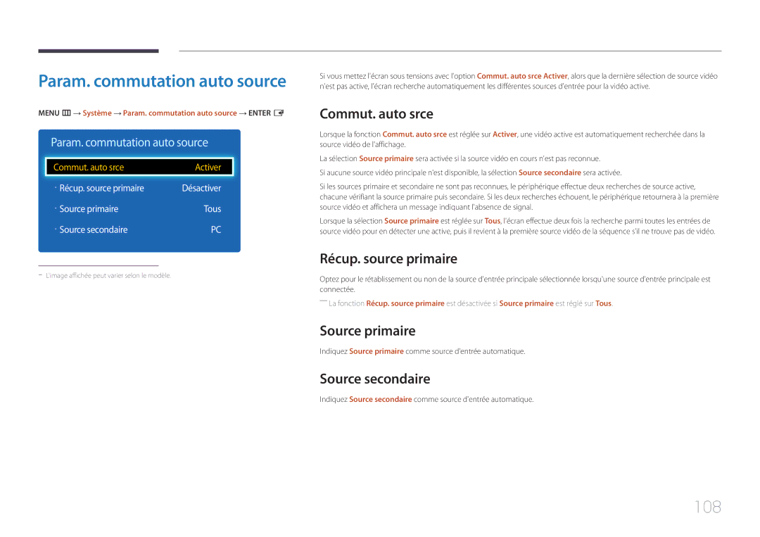 Samsung LH32DCEPLGC/EN, LH75EDEPLGC/EN 108, Commut. auto srce, Récup. source primaire, Source primaire, Source secondaire 