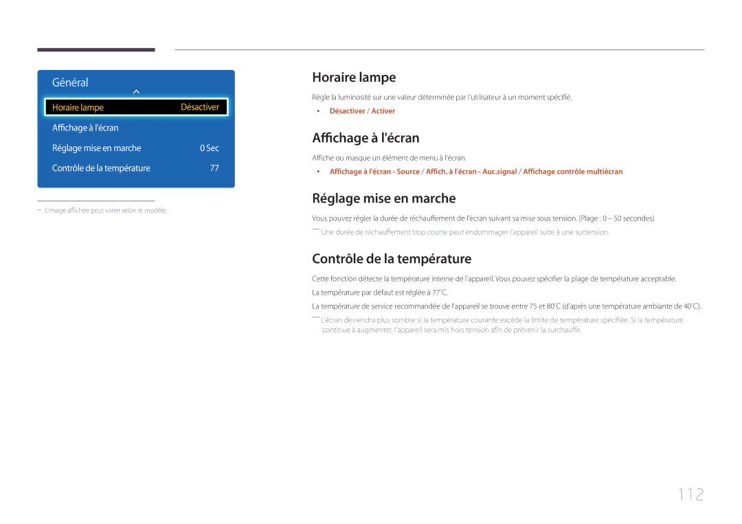 Samsung LH48DCEPLGC/EN manual 112, Horaire lampe, Affichage à lécran, Réglage mise en marche, Contrôle de la température 