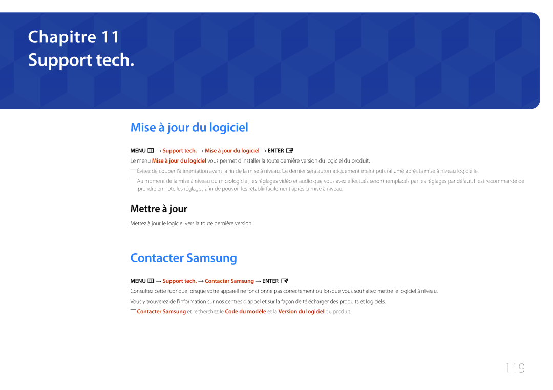 Samsung LH32DCEPLGC/EN, LH75EDEPLGC/EN manual Support tech, Mise à jour du logiciel, Contacter Samsung, 119, Mettre à jour 