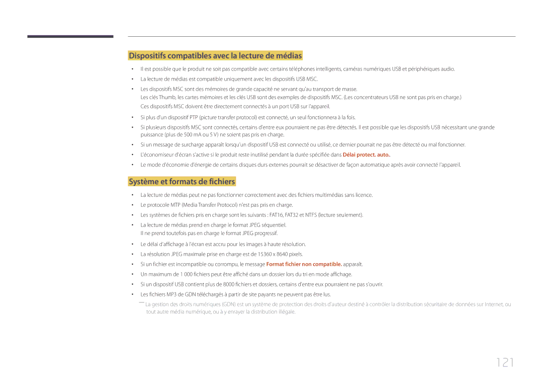 Samsung LH75EDEPLGC/EN manual 121, Dispositifs compatibles avec la lecture de médias, Système et formats de fichiers 