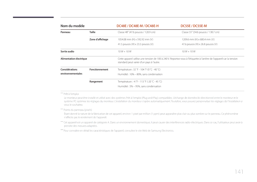 Samsung LH32DCEPLGC/EN, LH75EDEPLGC/EN, LH40DCEPLGC/EN 141, Considérations Fonctionnement, Environnementales, Rangement 