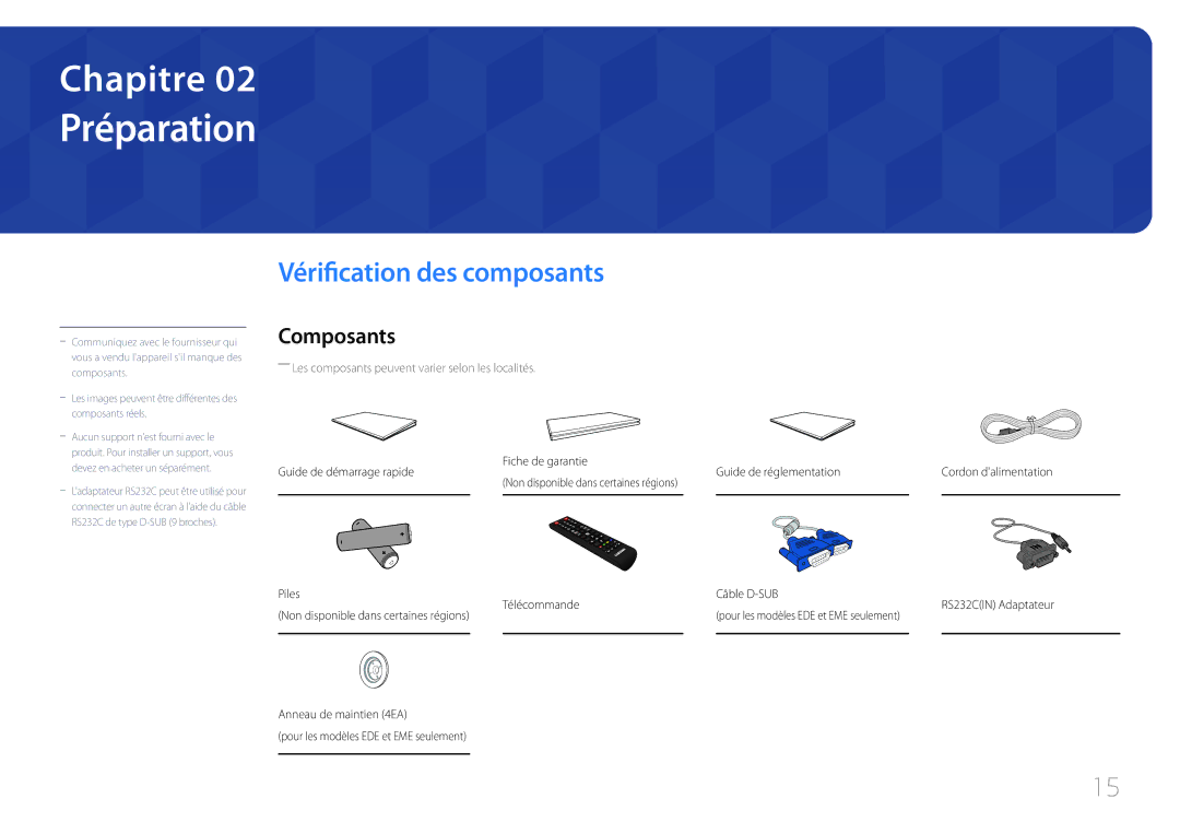 Samsung LH65EDEPLGC/EN, LH75EDEPLGC/EN, LH40DCEPLGC/EN, LH48DCEPLGC/EN Préparation, Vérification des composants, Composants 