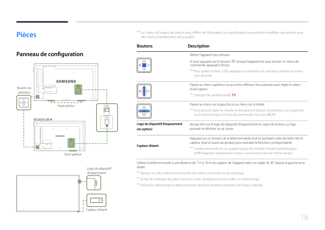 Samsung LH40DCEMLGC/EN, LH75EDEPLGC/EN Pièces, Panneau de configuration, Boutons Description, En option, Capteur distant 