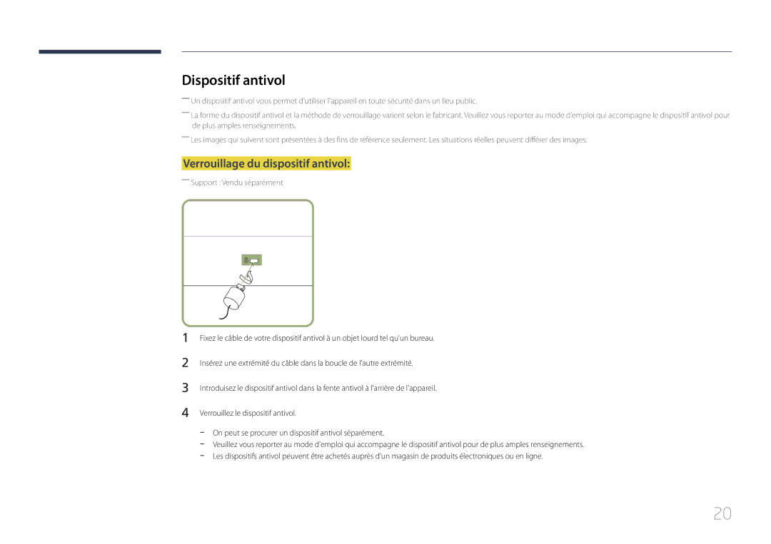 Samsung LH32DCEPLGC/EN, LH75EDEPLGC/EN, LH40DCEPLGC/EN manual Dispositif antivol, Verrouillage du dispositif antivol 