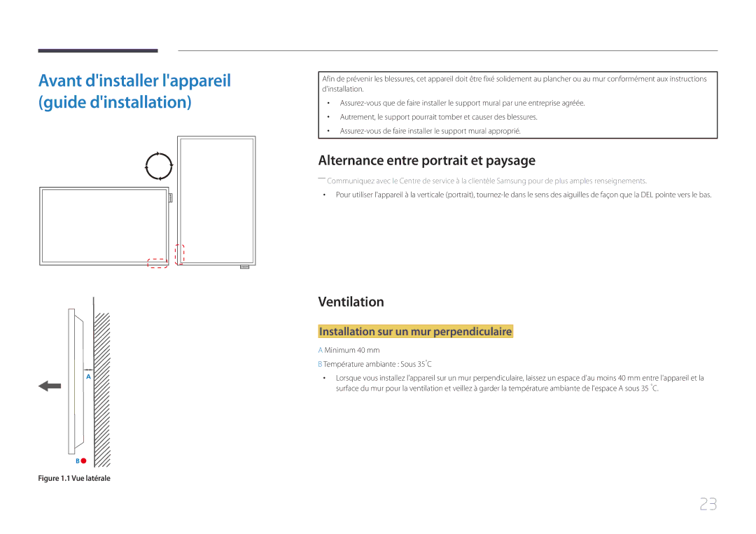 Samsung LH40DCEPLGC/EN manual Alternance entre portrait et paysage, Ventilation, Installation sur un mur perpendiculaire 