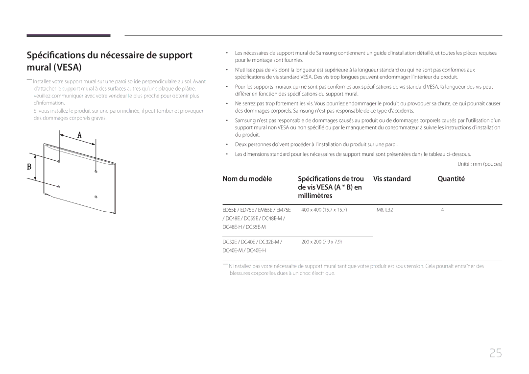 Samsung LH55DCEMLGC/EN manual Spécifications du nécessaire de support mural Vesa, Nom du modèle, Vis standard Quantité 