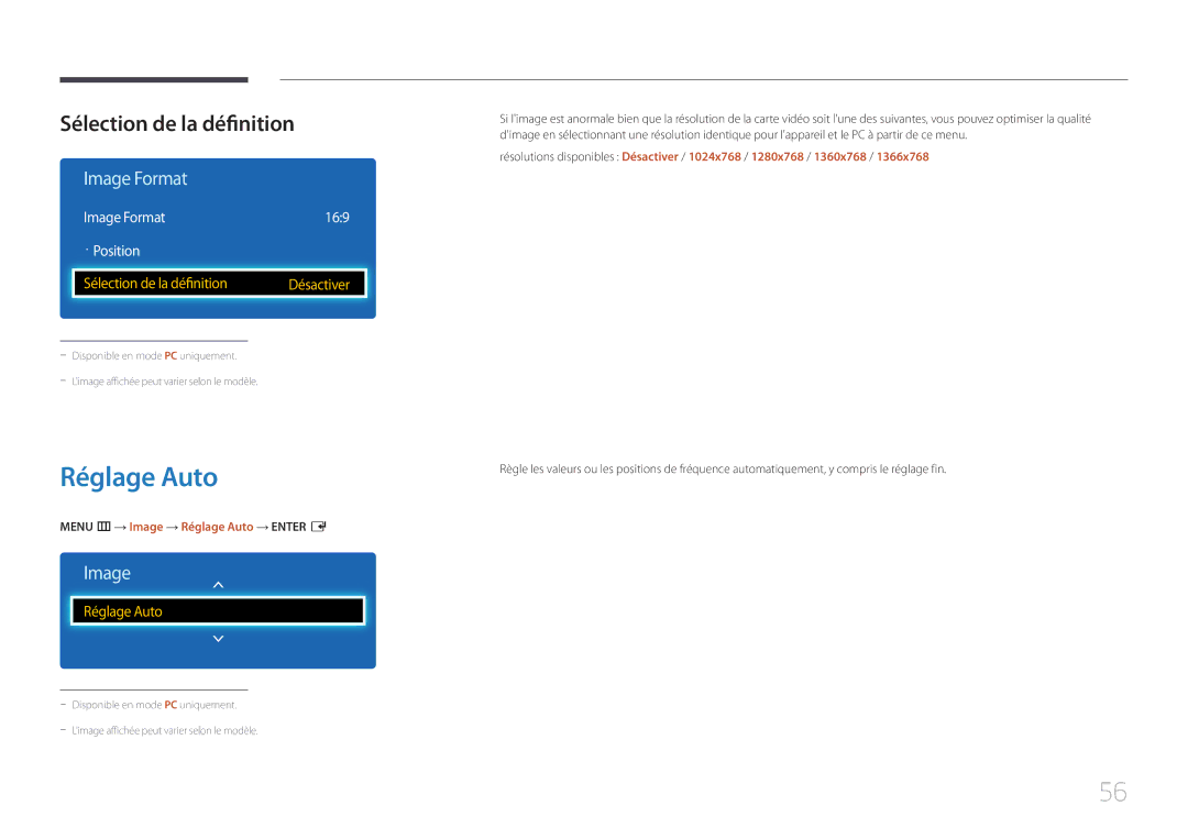 Samsung LH40DCEPLGC/EN, LH75EDEPLGC/EN manual Réglage Auto, Sélection de la définition, Image Format 169 · Position 