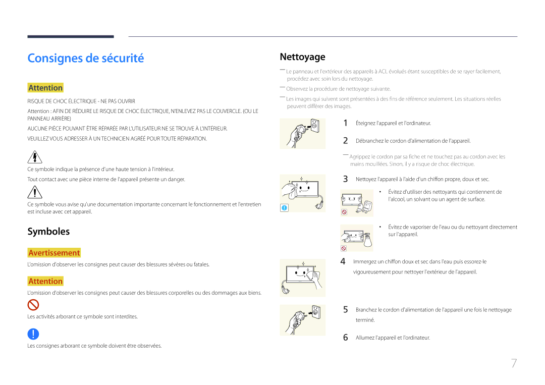 Samsung LH48DCEMLGC/EN, LH75EDEPLGC/EN manual Consignes de sécurité, Nettoyage, Symboles, Éteignez lappareil et lordinateur 