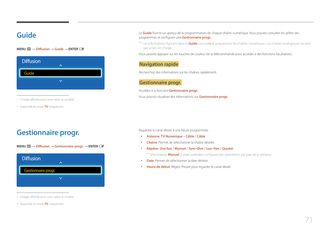 Samsung LH40DCEMLGC/EN, LH75EDEPLGC/EN, LH40DCEPLGC/EN, LH48DCEPLGC/EN manual Guide, Gestionnaire progr, Navigation rapide 