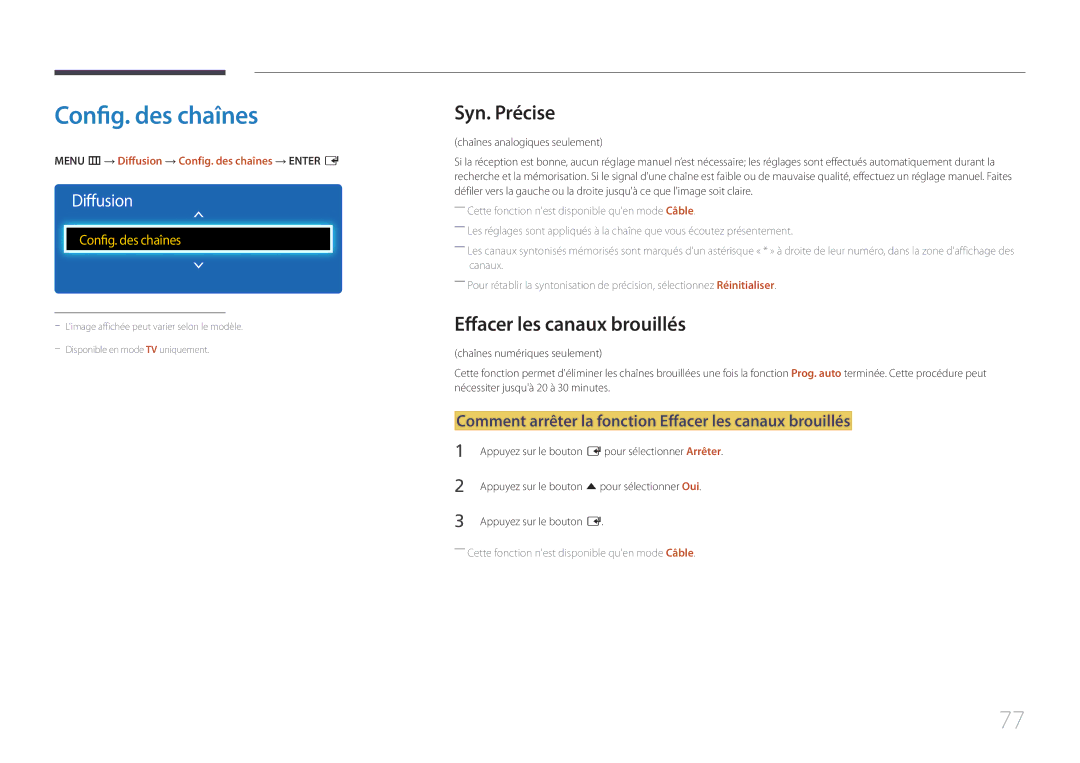 Samsung LH75EDEPLGC/EN, LH40DCEPLGC/EN, LH48DCEPLGC/EN manual Config. des chaînes, Syn. Précise, Effacer les canaux brouillés 