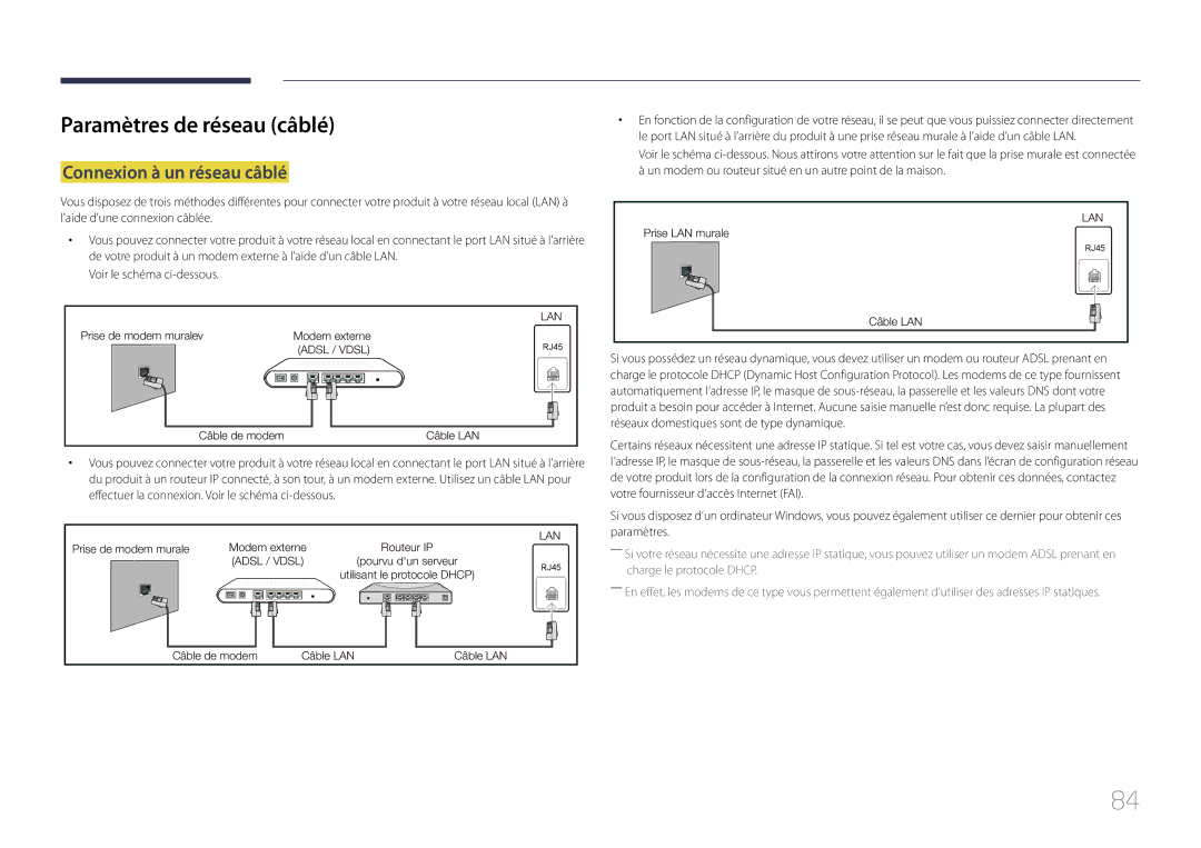 Samsung LH48DCEMLGC/EN, LH75EDEPLGC/EN, LH40DCEPLGC/EN manual Paramètres de réseau câblé, Connexion à un réseau câblé 